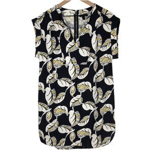 J.CREW Linen Blend Leaf Print Shift Dress Sz M Navy Yellow Notch C6097